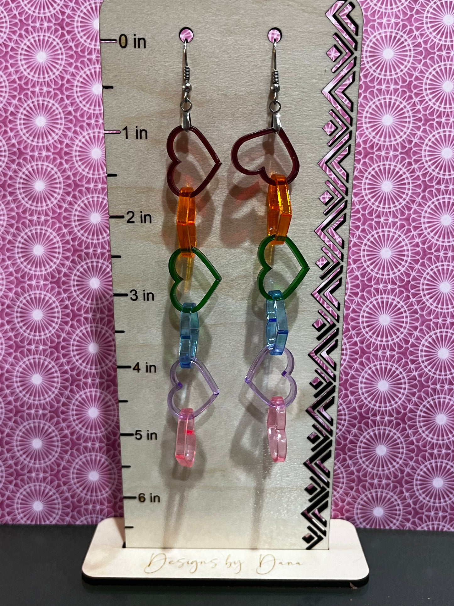 Long rainbow hearts earrings