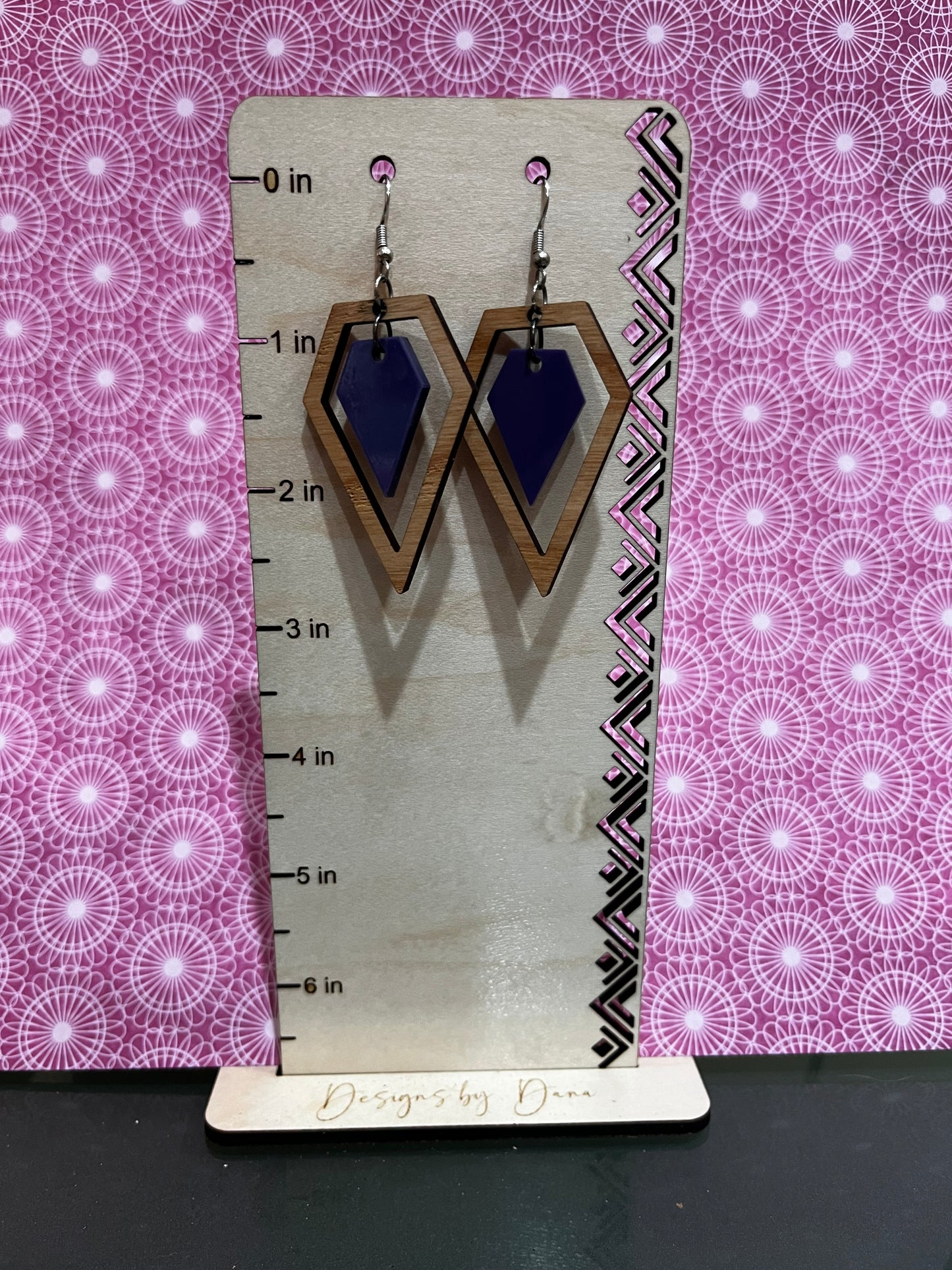 Purple acrylic and wooden geometric earrings