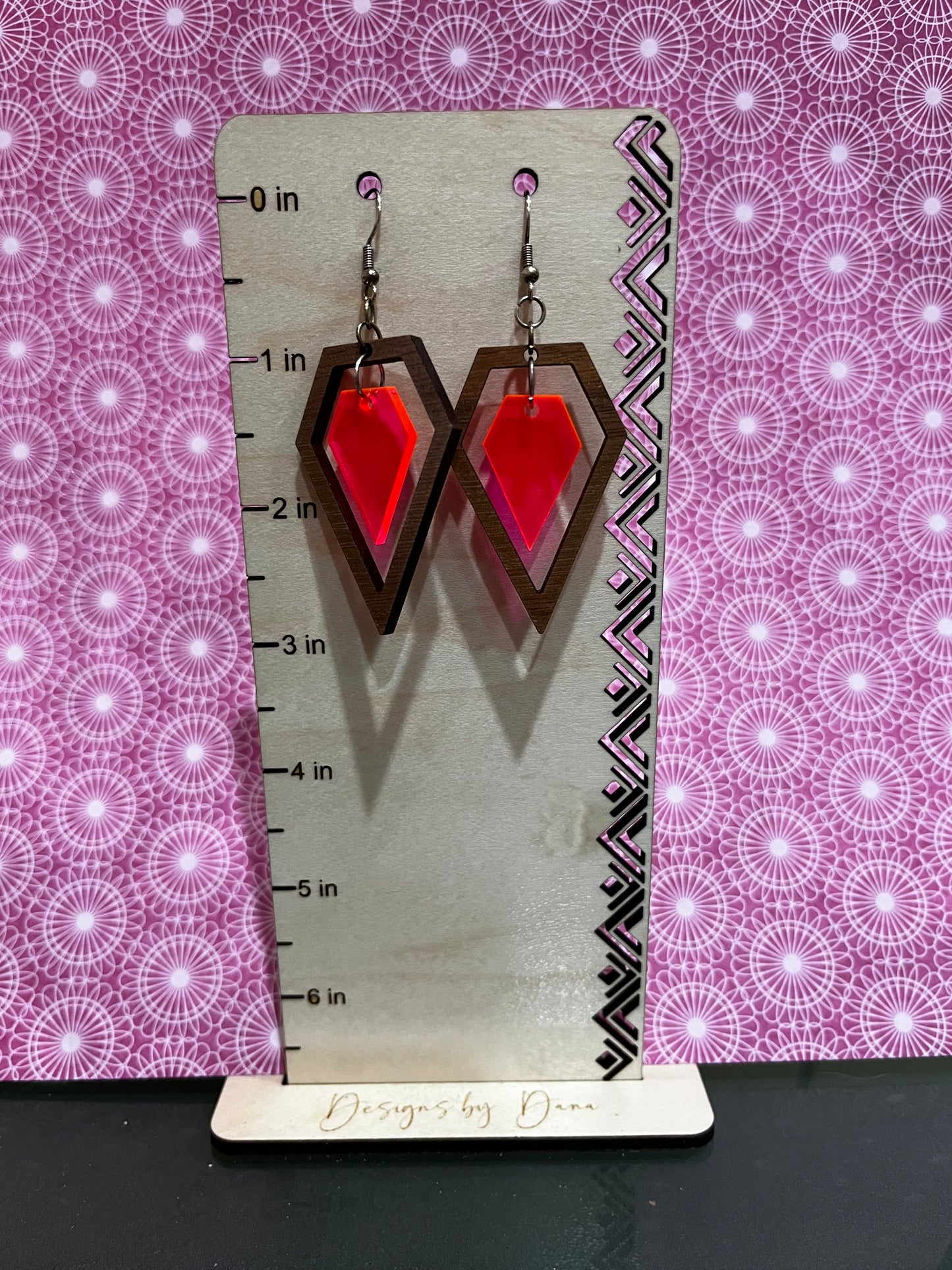 Neon pink and wood geometric earrings