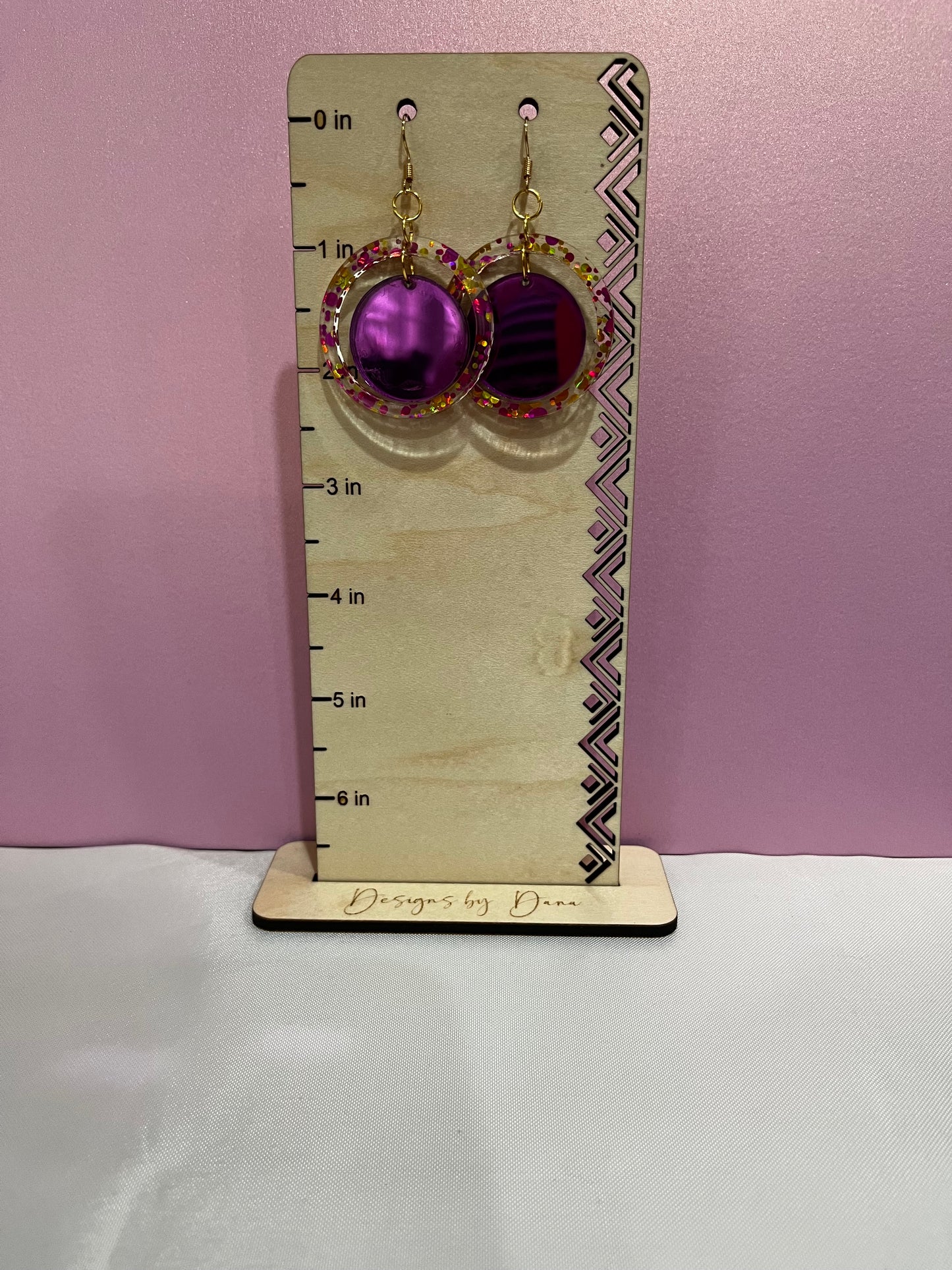 Mirrored purple and glitter round earrings