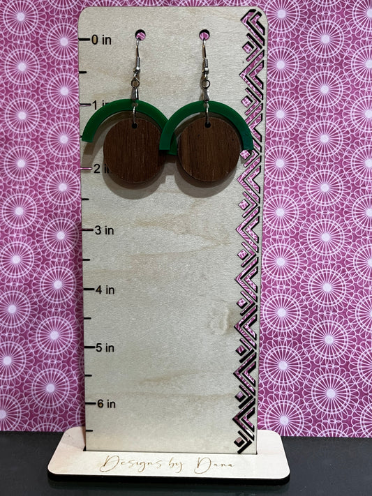 Green acrylic and wood round earrings