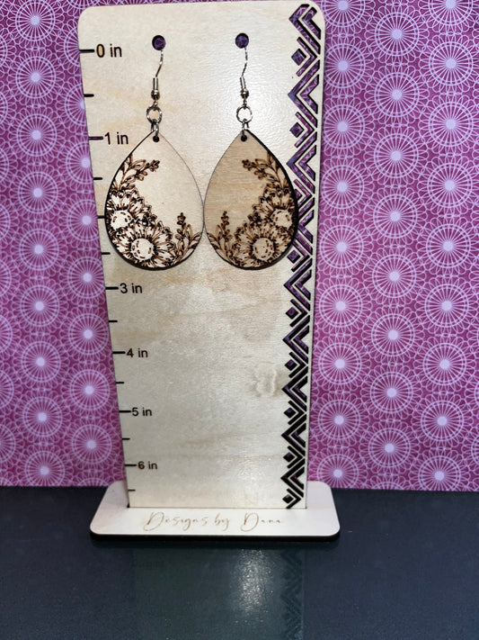 Wooden sunflower teardrop earrings