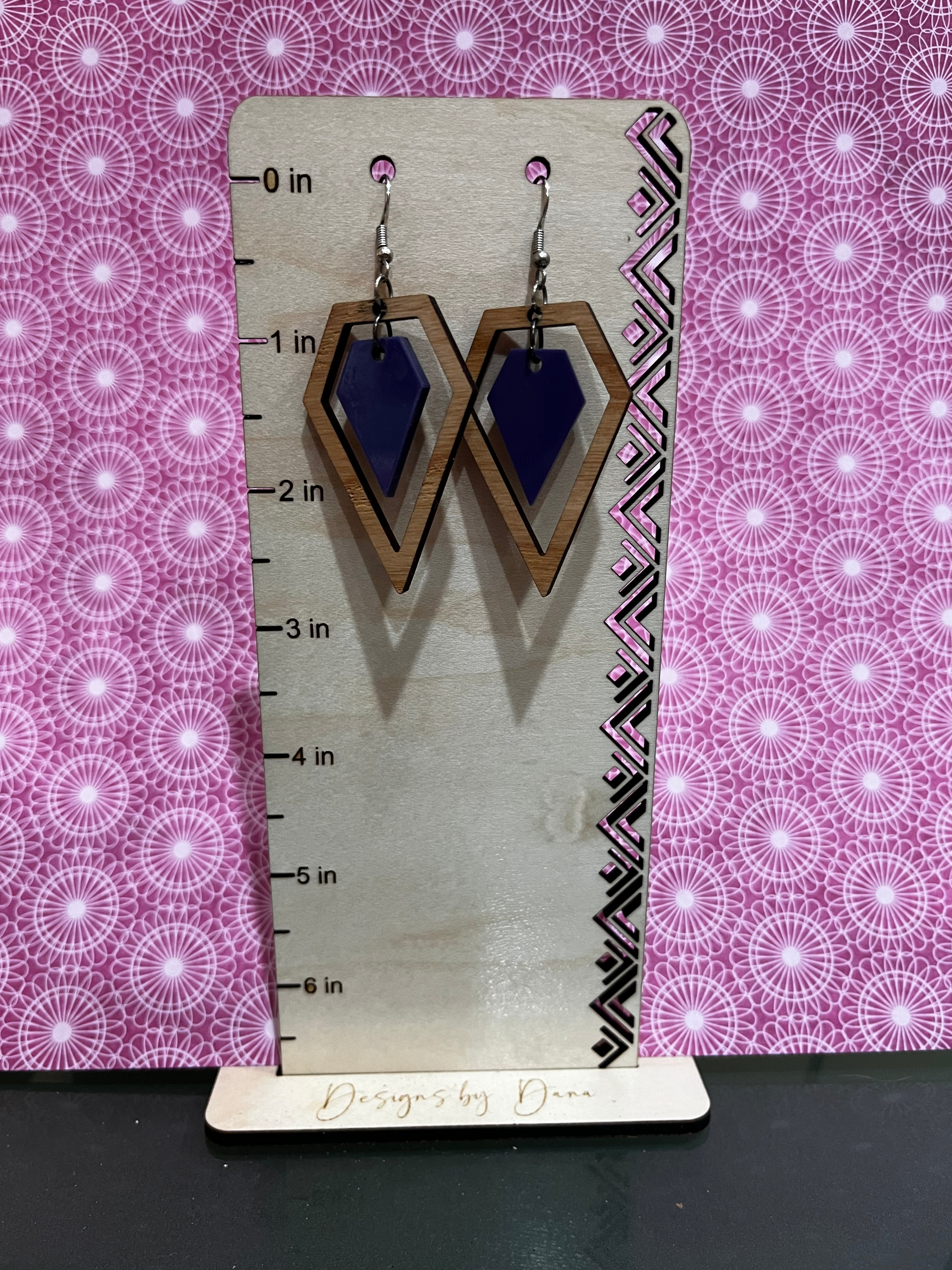 Purple acrylic and wooden geometric earrings