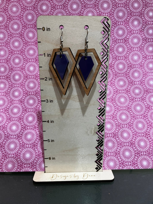 Purple acrylic and wooden geometric earrings