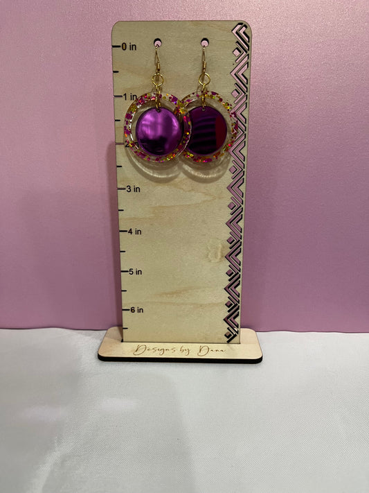 Mirrored purple and glitter round earrings